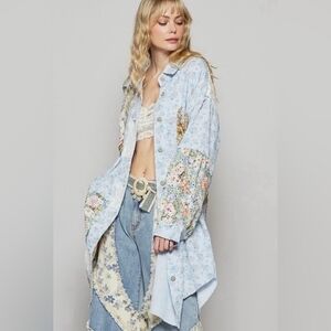 POL Light Blue Floral Patchwork Button-Up Long Cardigan Oversided Medium New